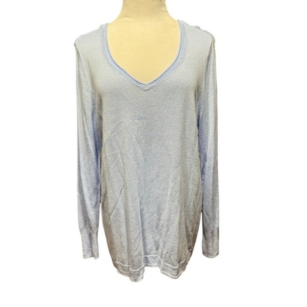 Chicos Light Blue Linen Blend V-Neck Long Sleeve Sweater Size 2 L NWT
